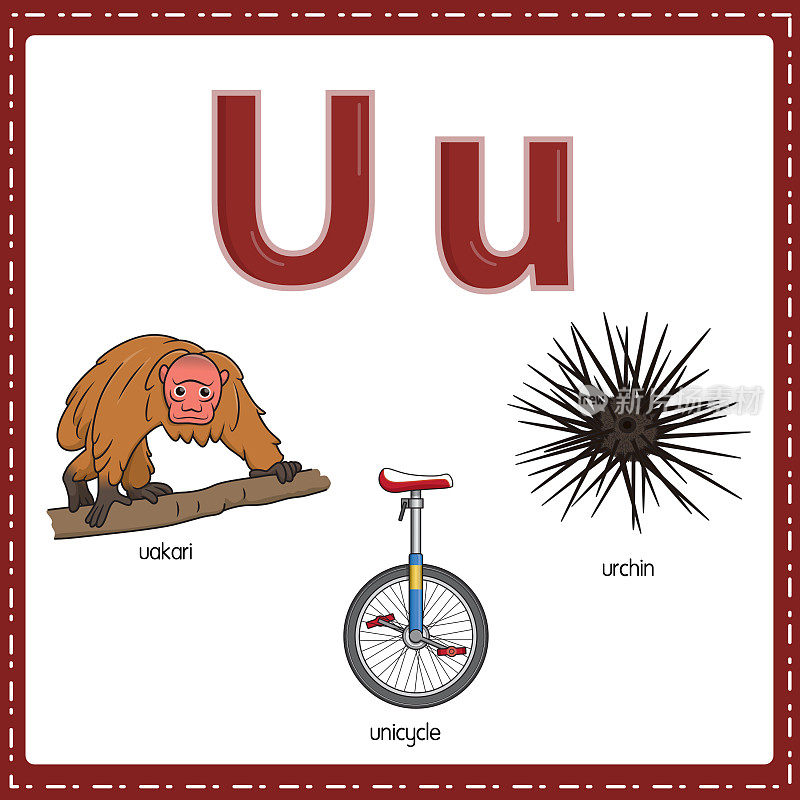向量插图学习字母U的小写和大写的儿童与3卡通图像。Uakari Unicycle Urchin。